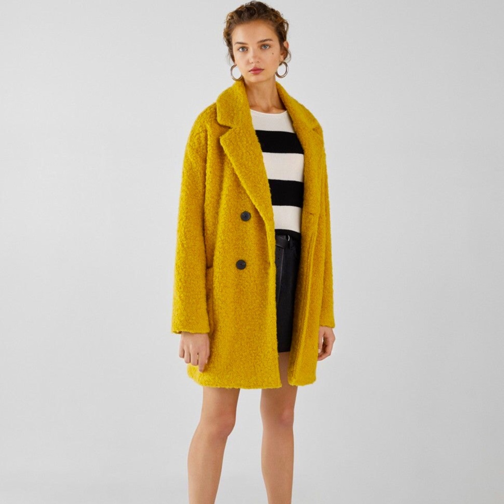Bershka mid-thigh teddy coat in yellow
